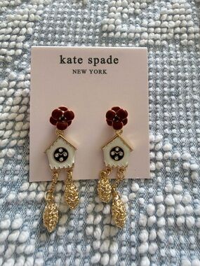 kate spade red floral & white birdhouse dangle earrings with gold accents